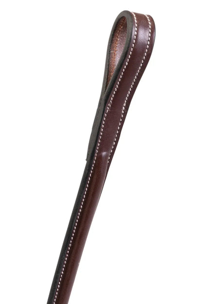 Brown leather strap with stitching on a white background