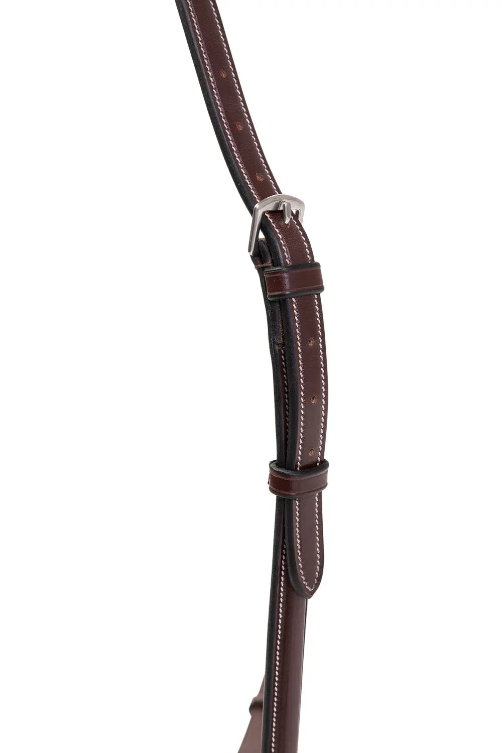 Brown leather bridle strap with silver buckle on a white background