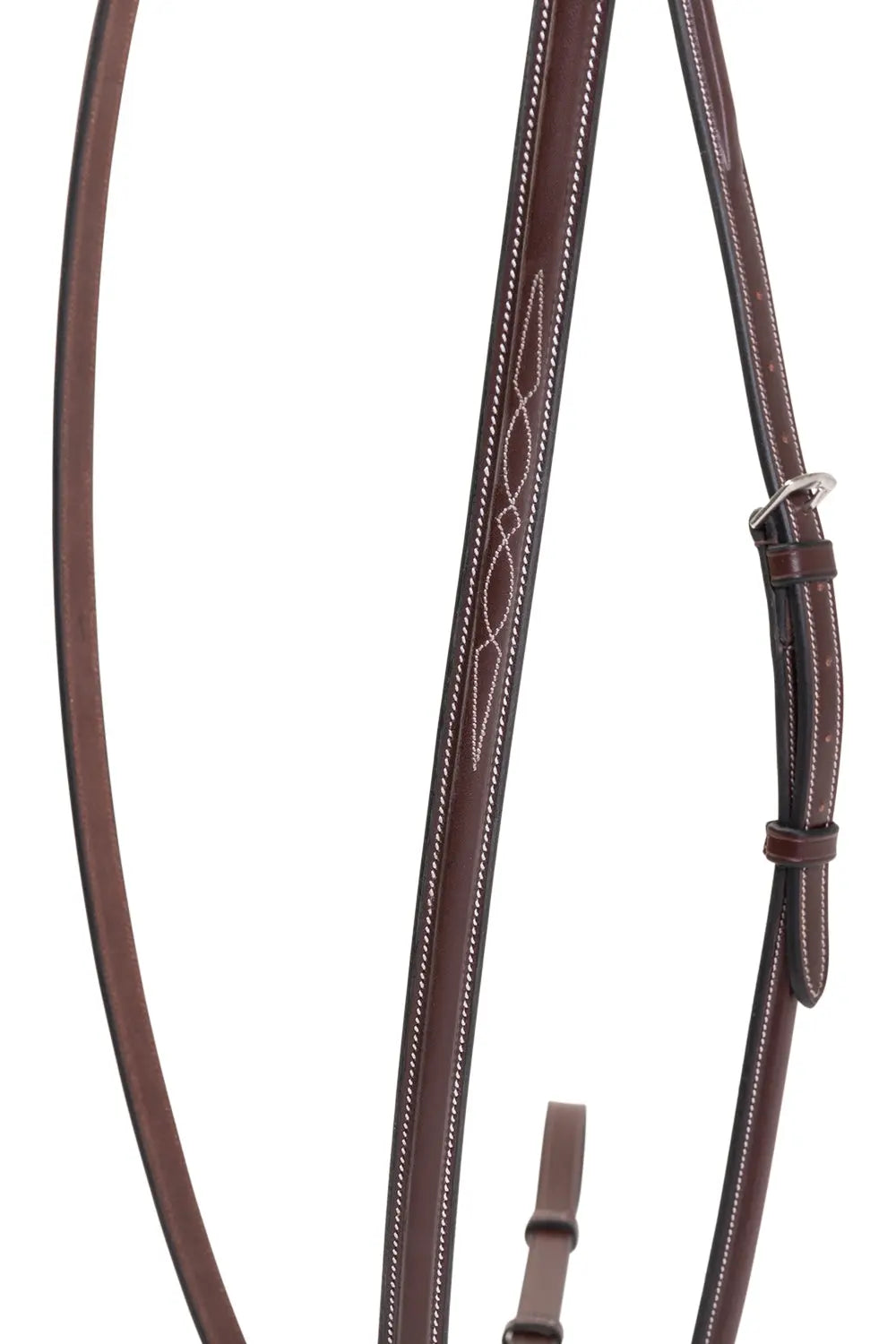 Brown leather bridle with intricate design on a white background
