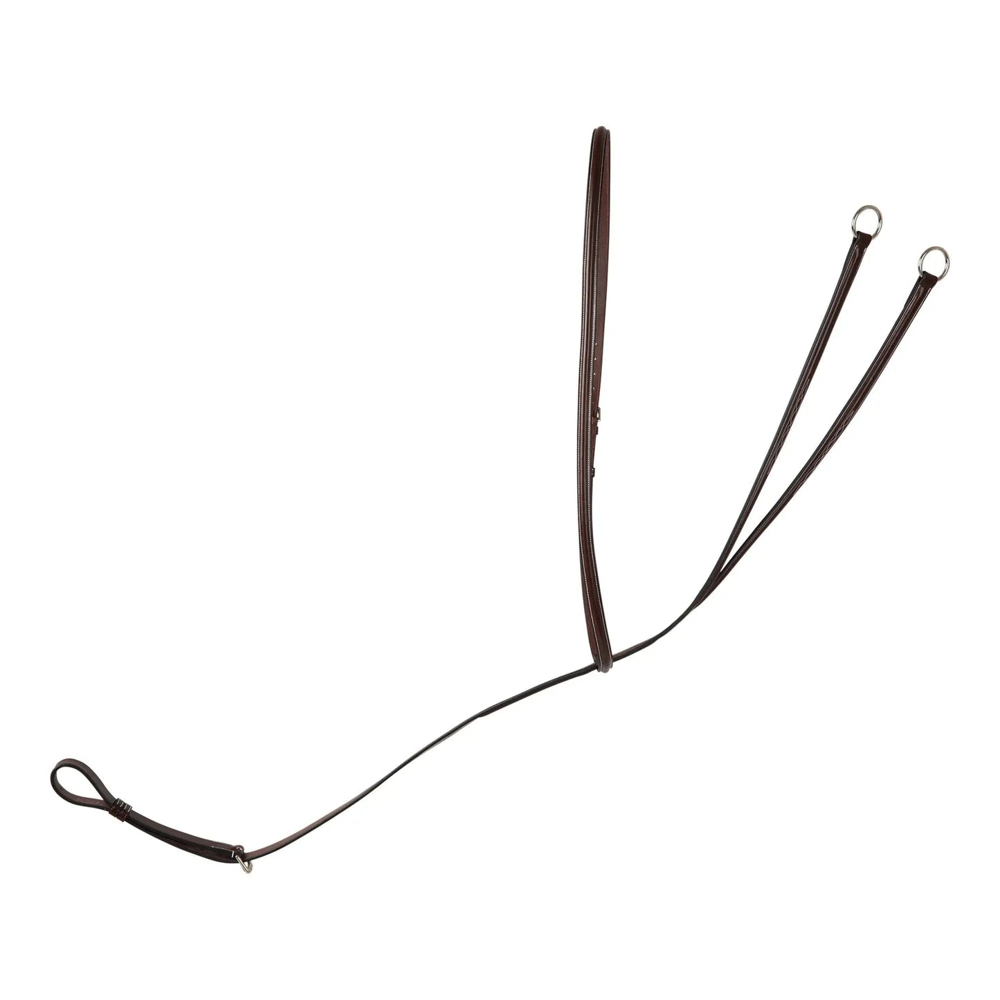 Brown leather rein with three loops on a white background