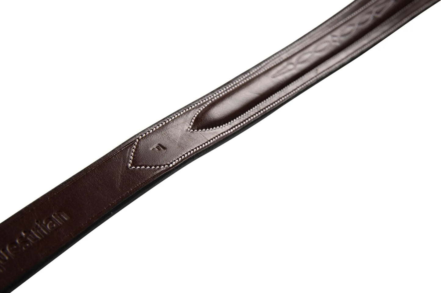 Brown leather belt with engraved design on a white background