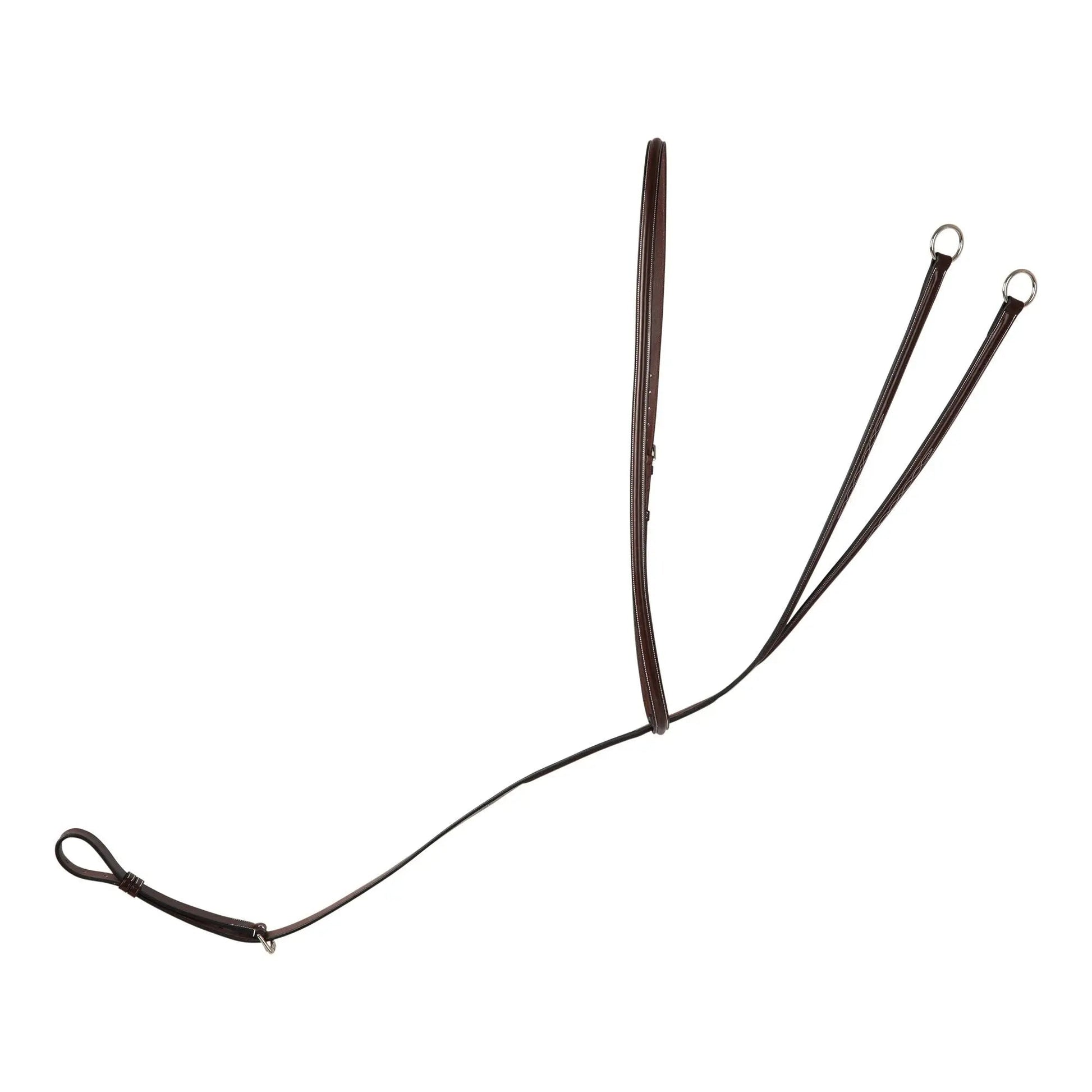 Brown leather bridle reins on a white background