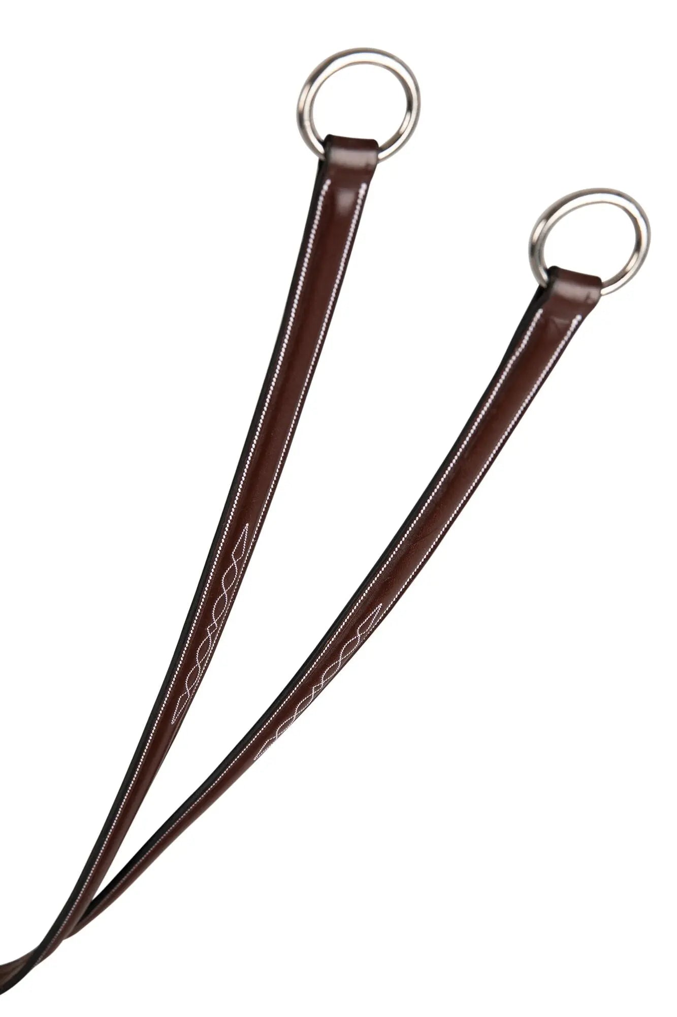 Two brown leather straps with metal rings on a white background