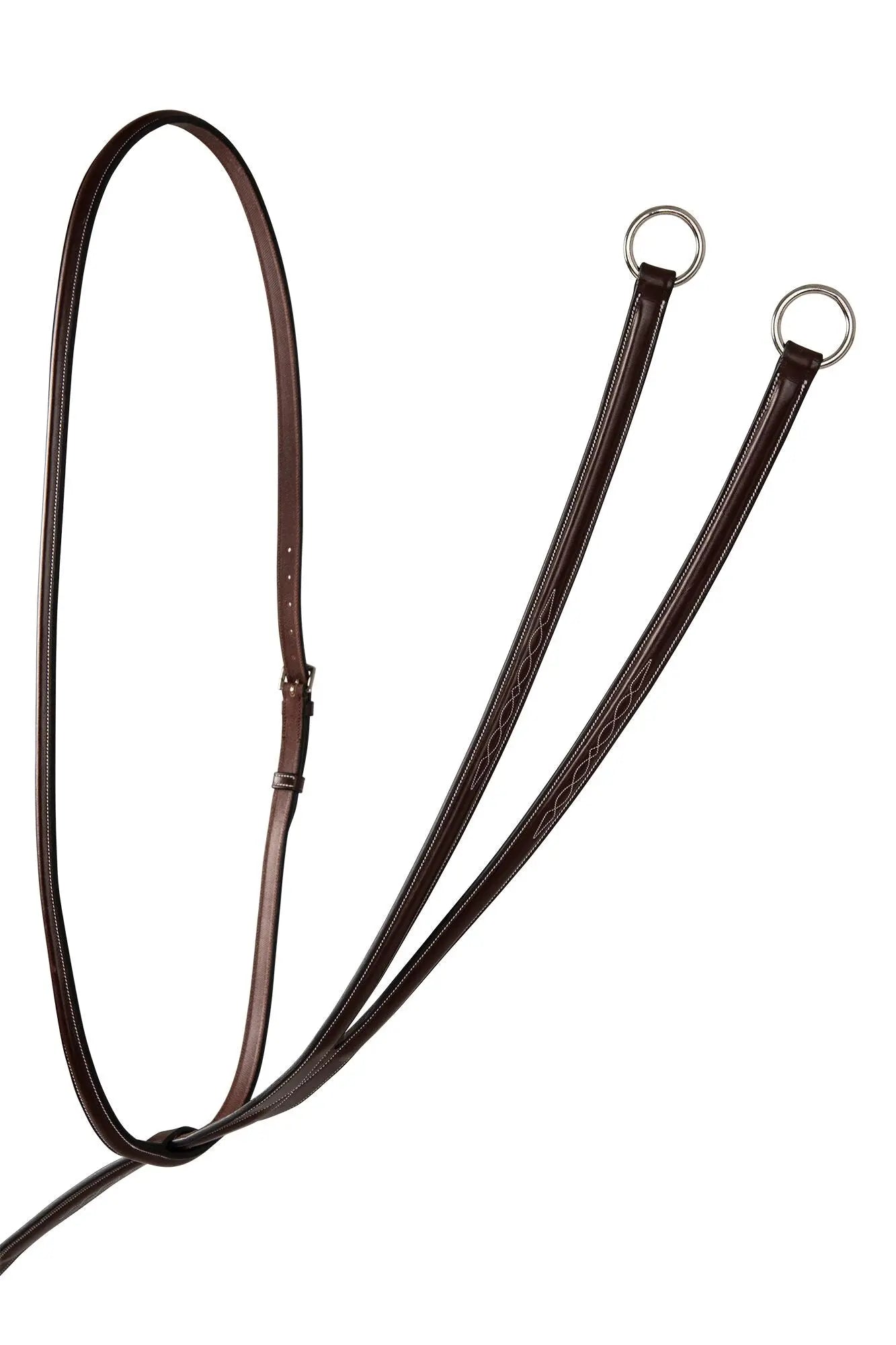 Brown leather lanyard with metal rings on a white background
