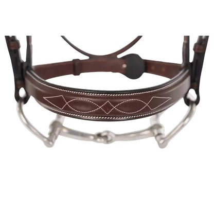 Close-up of a horse bridle with brown leather strap and metal bits on a white background