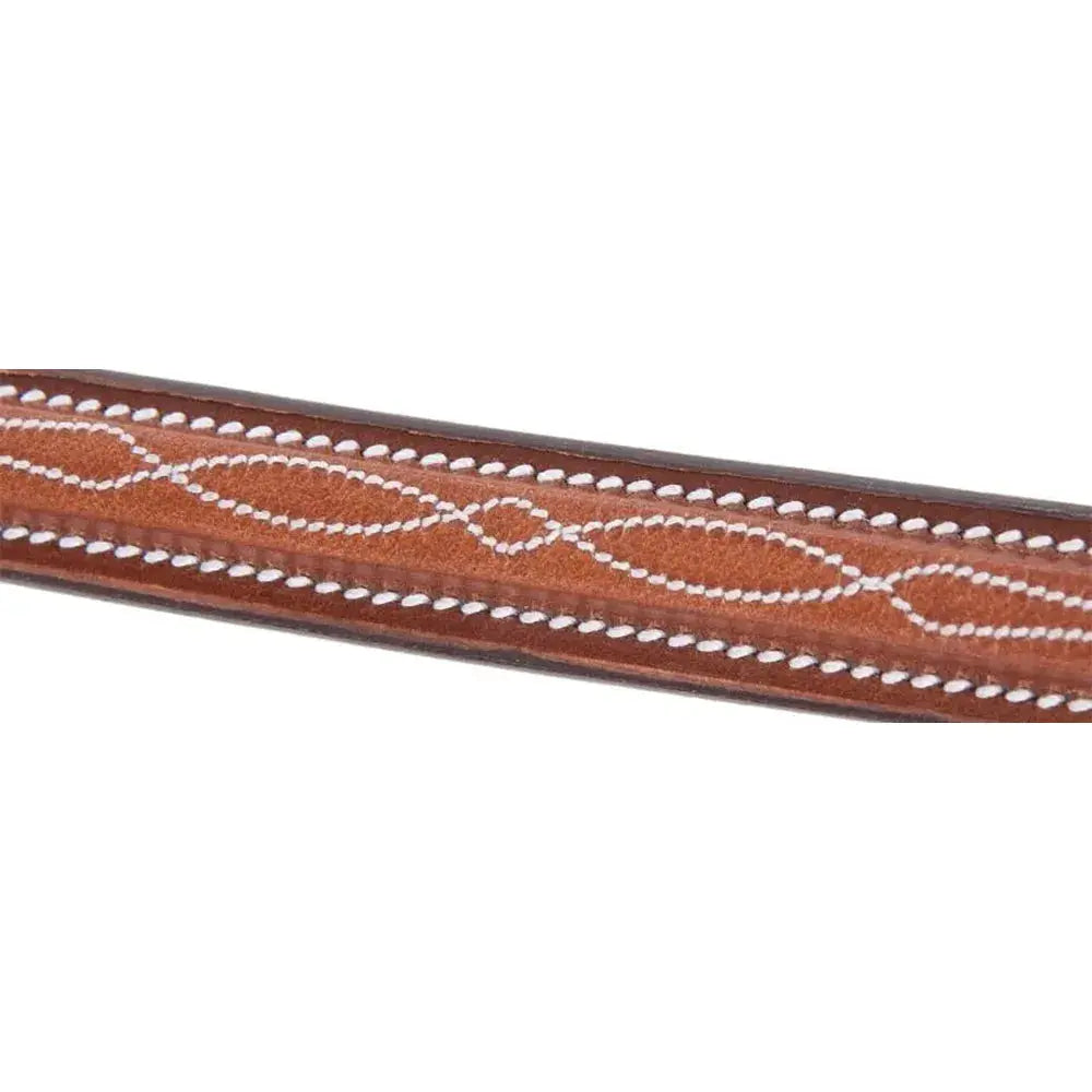 Brown leather strap with white stitching on a white background