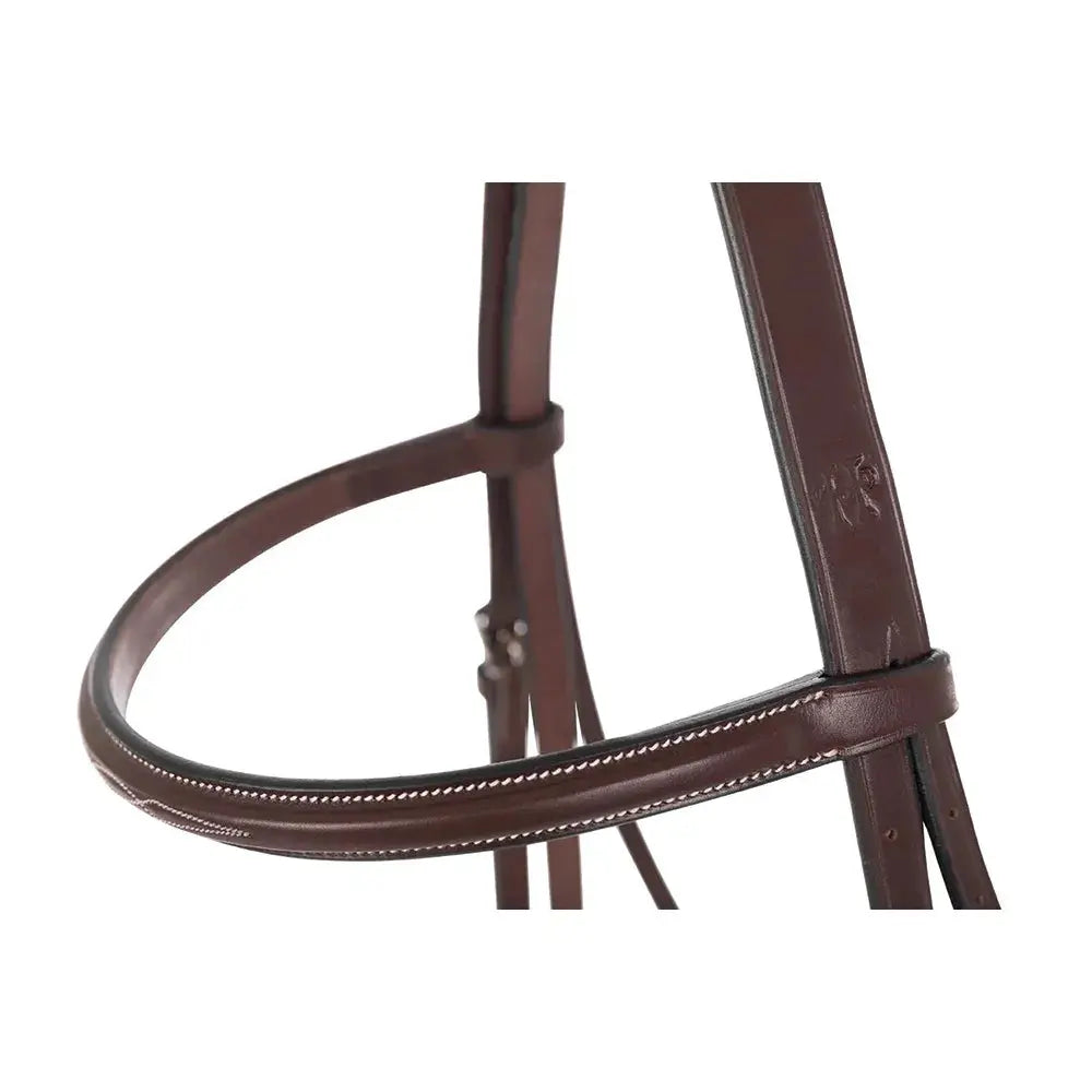 Close-up of a brown leather bridle on a white background