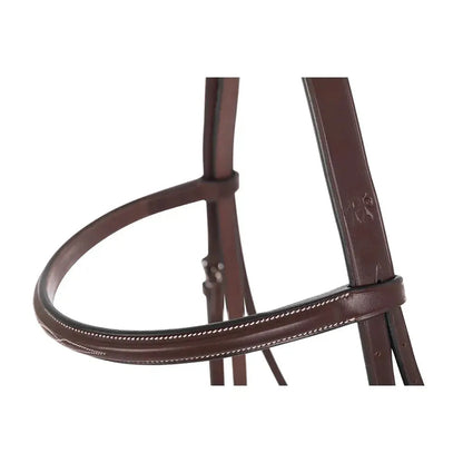 Close-up of a brown leather bridle on a white background