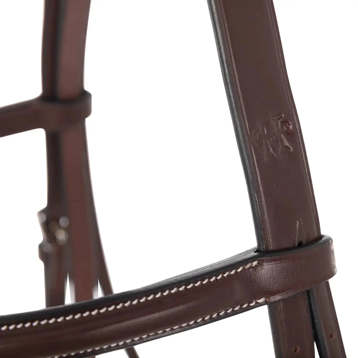 Close-up of a brown leather bridle with a visible brand logo on a white background