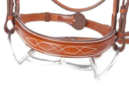Brown leather horse bridle with intricate white stitching on a clear background
