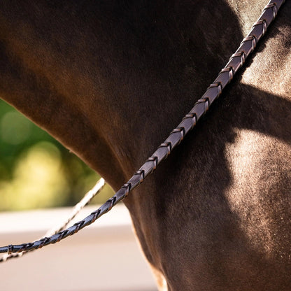 Close-up of a horse's neck with a bridle, blurred green background