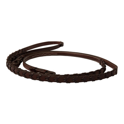 Brown braided leather belt on a white background