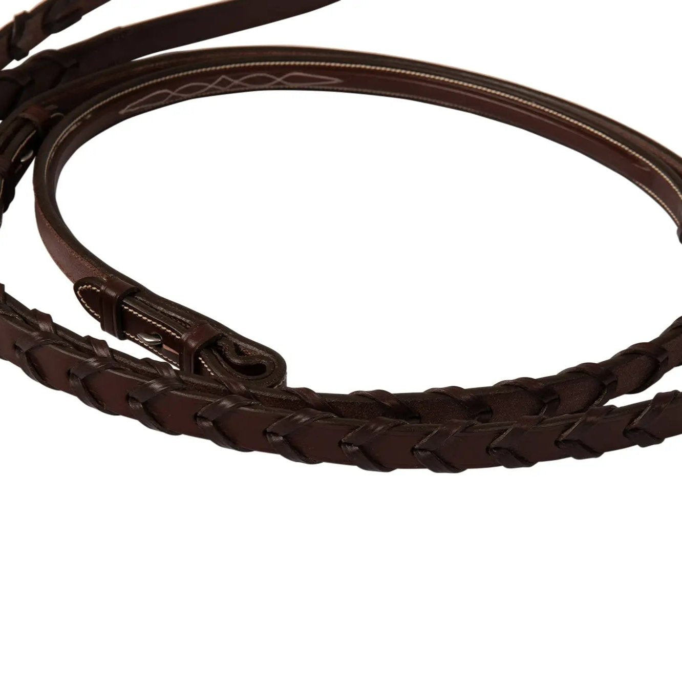 Brown braided leather rein on a white background
