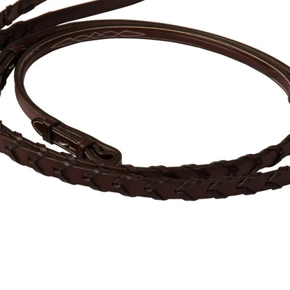 Brown braided leather rein on a white background