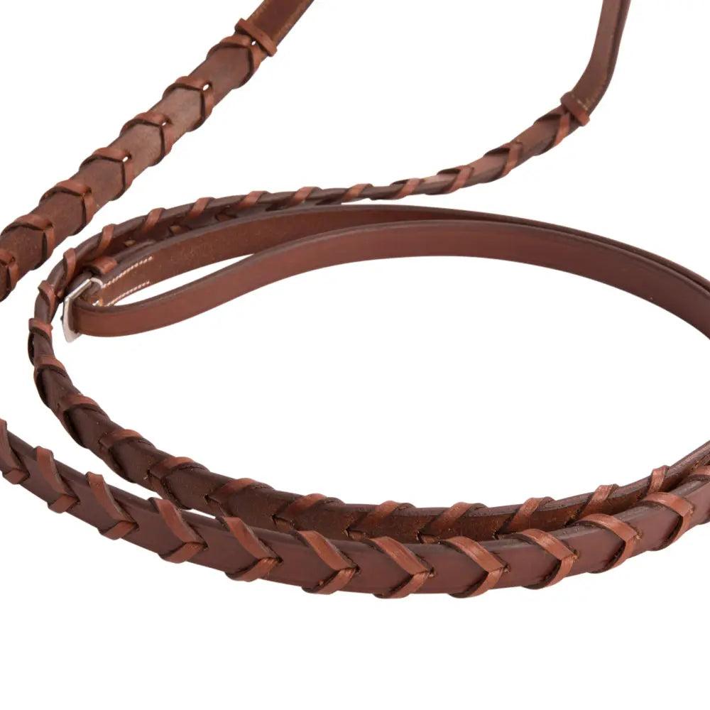Brown braided leather strap on a white background
