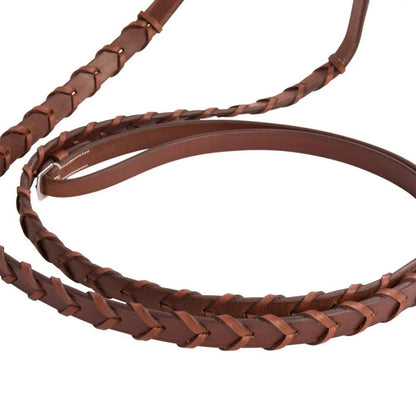 Brown braided leather strap on a white background