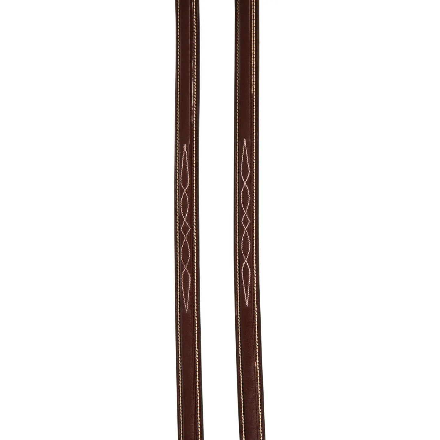 Pair of brown leather reins with decorative patterns on a white background