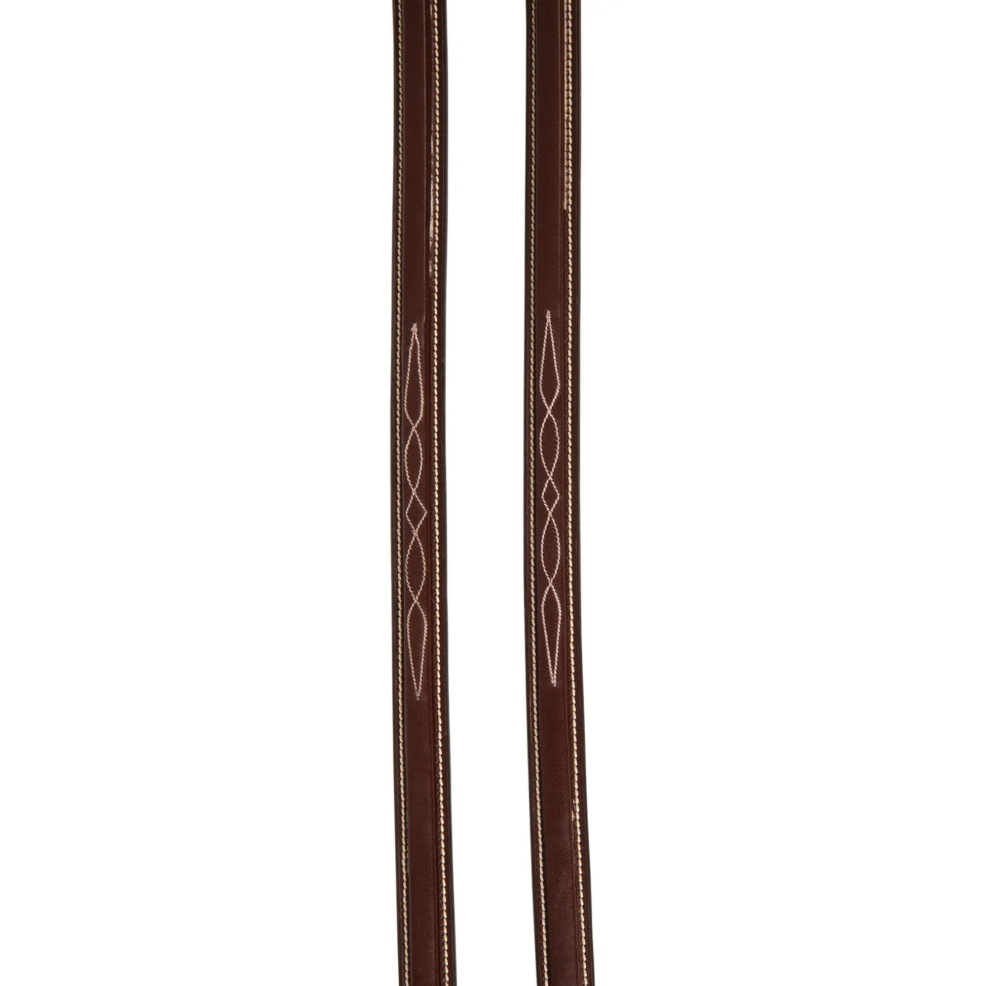 Pair of brown leather reins with decorative patterns on a white background