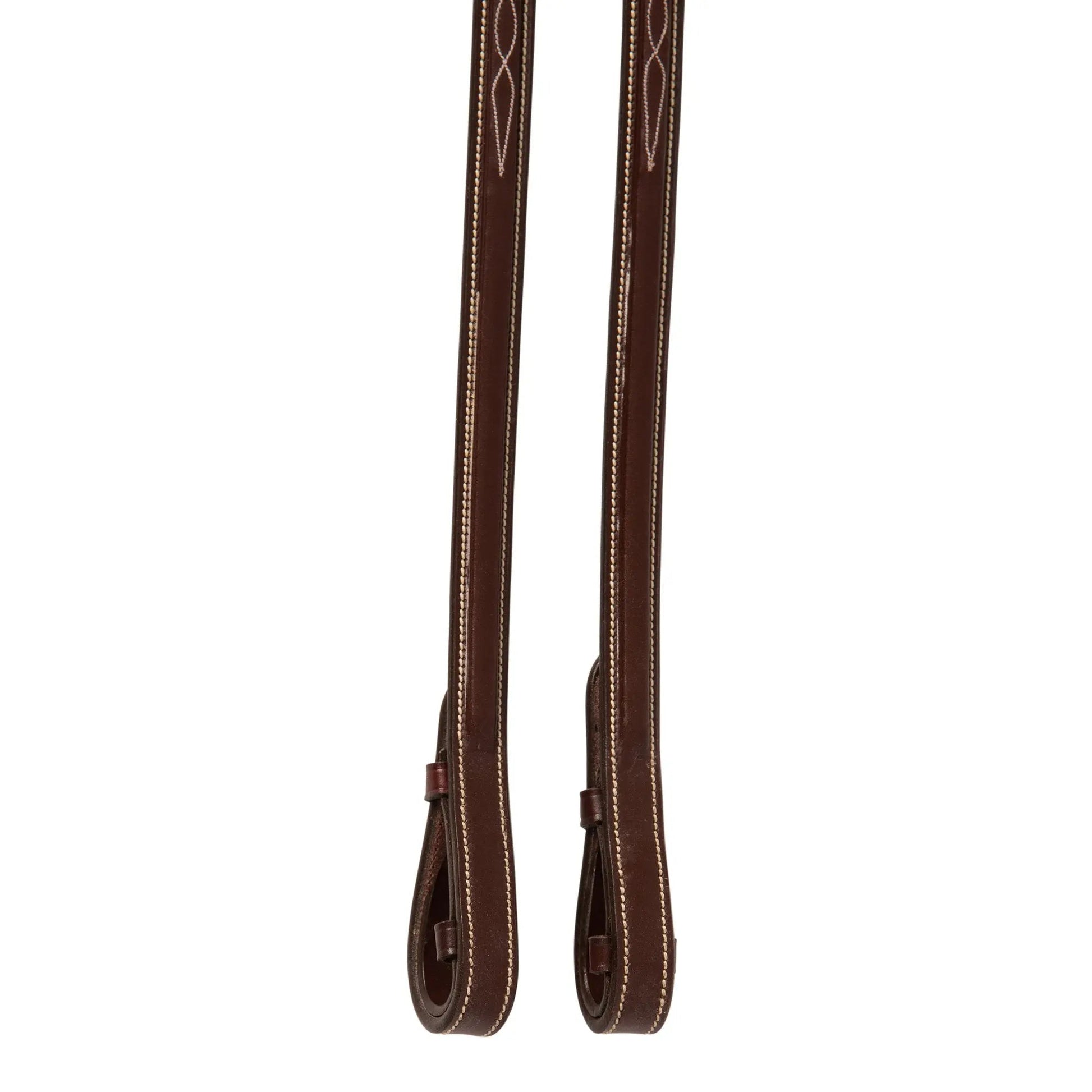 Brown leather strap with decorative stitching on a white background