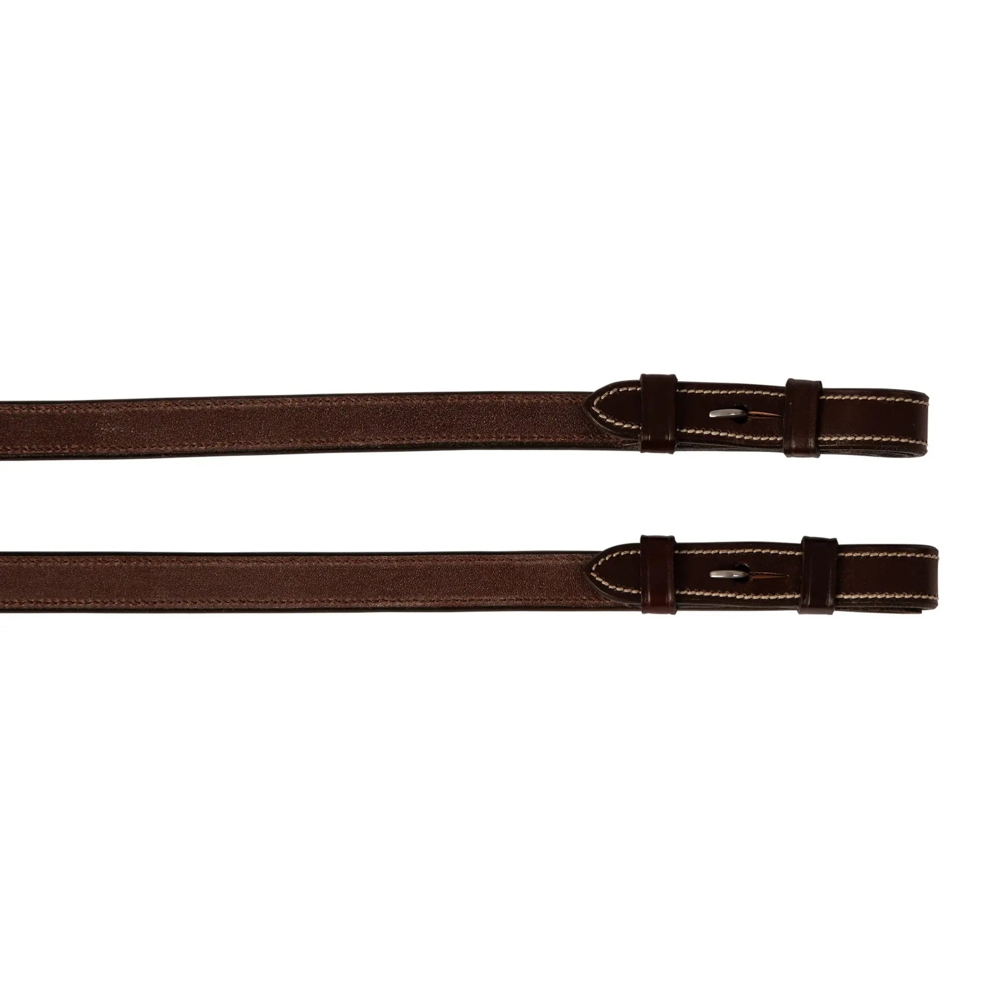 Two brown leather belts with stitching on a white background