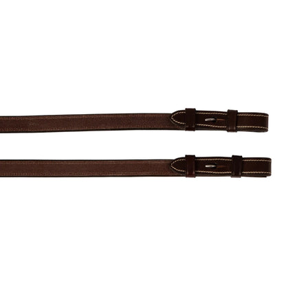 Two brown leather belts with stitching on a white background