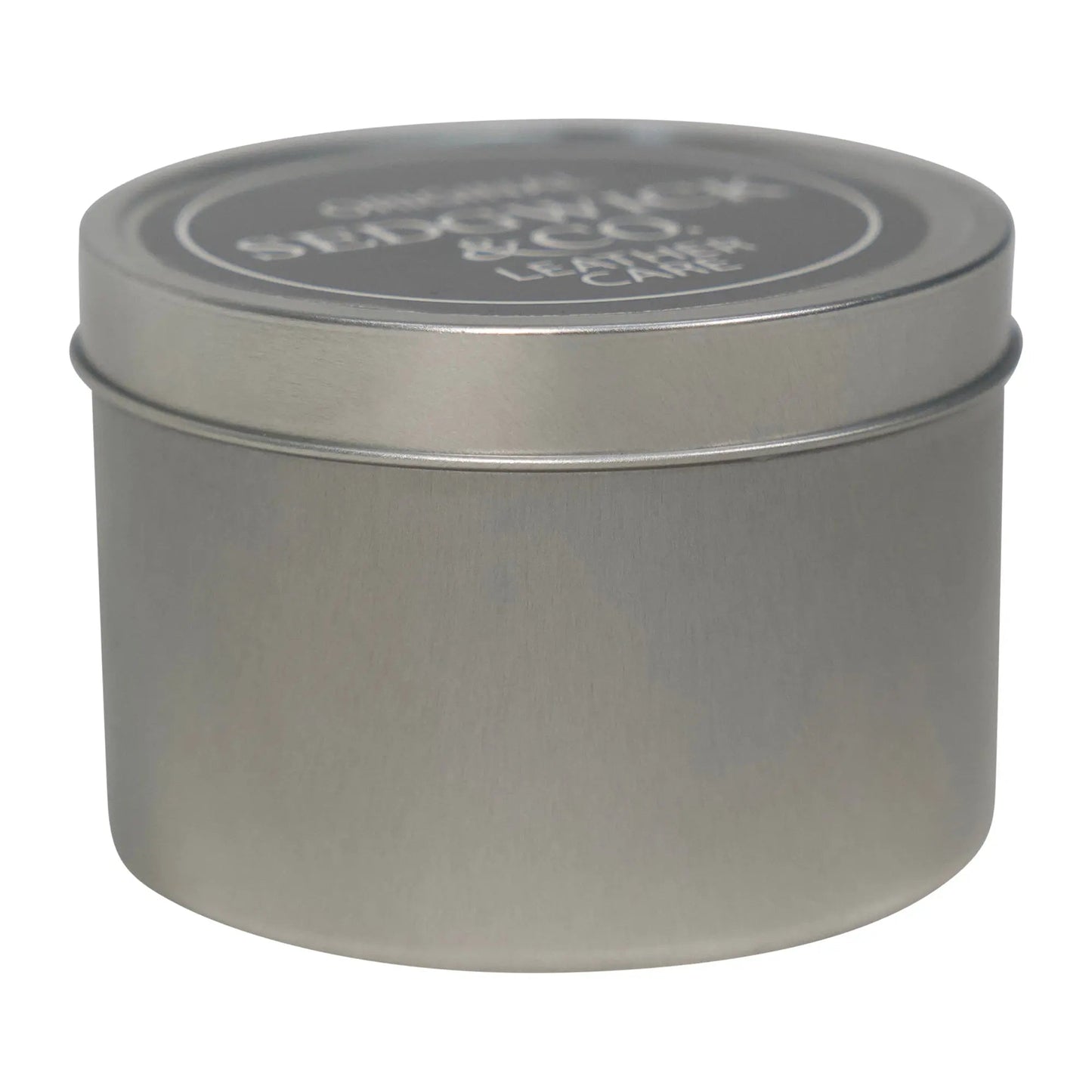 Silver cylindrical tin with lid on a white background