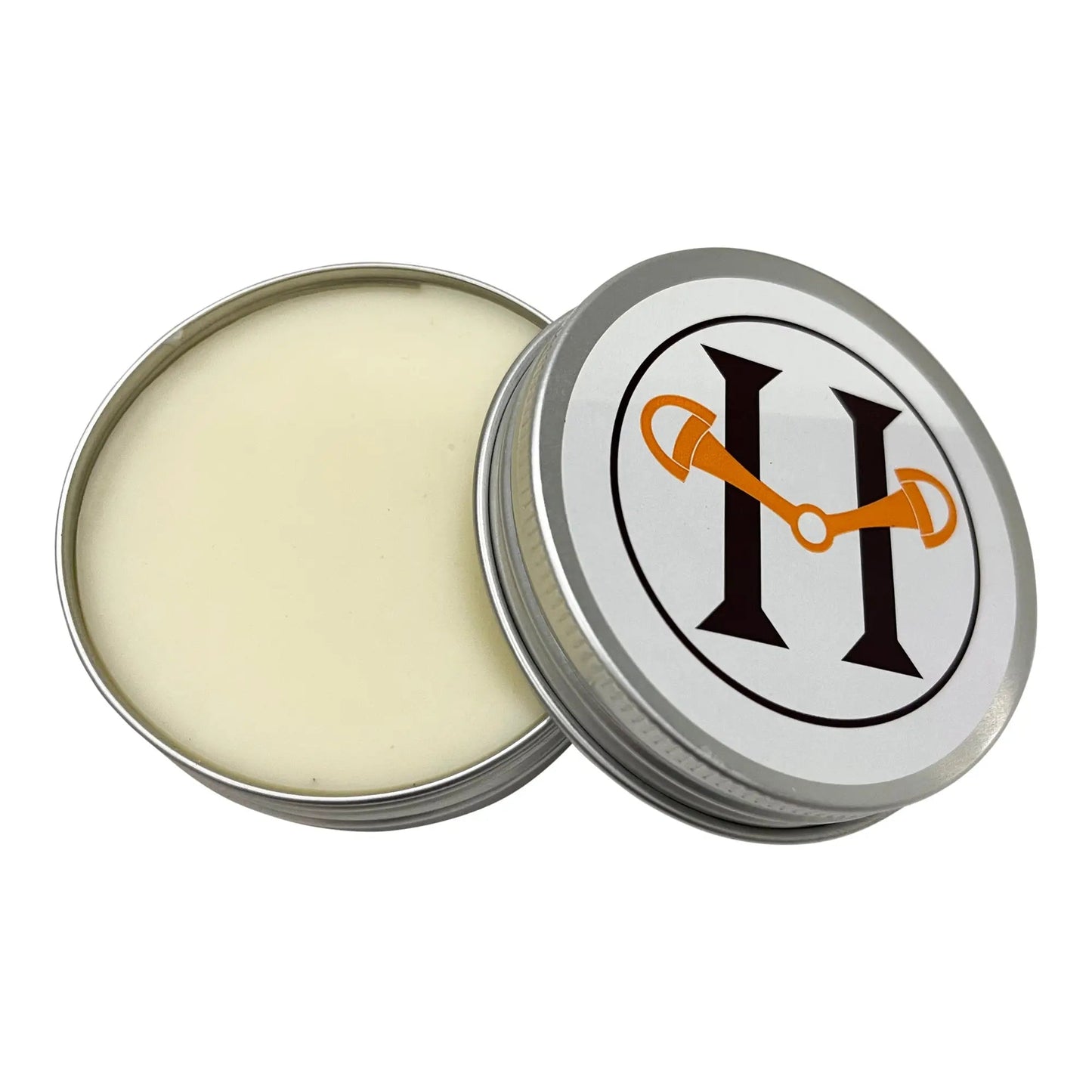 Metal tin with a lid featuring a logo, containing a white substance on a white background