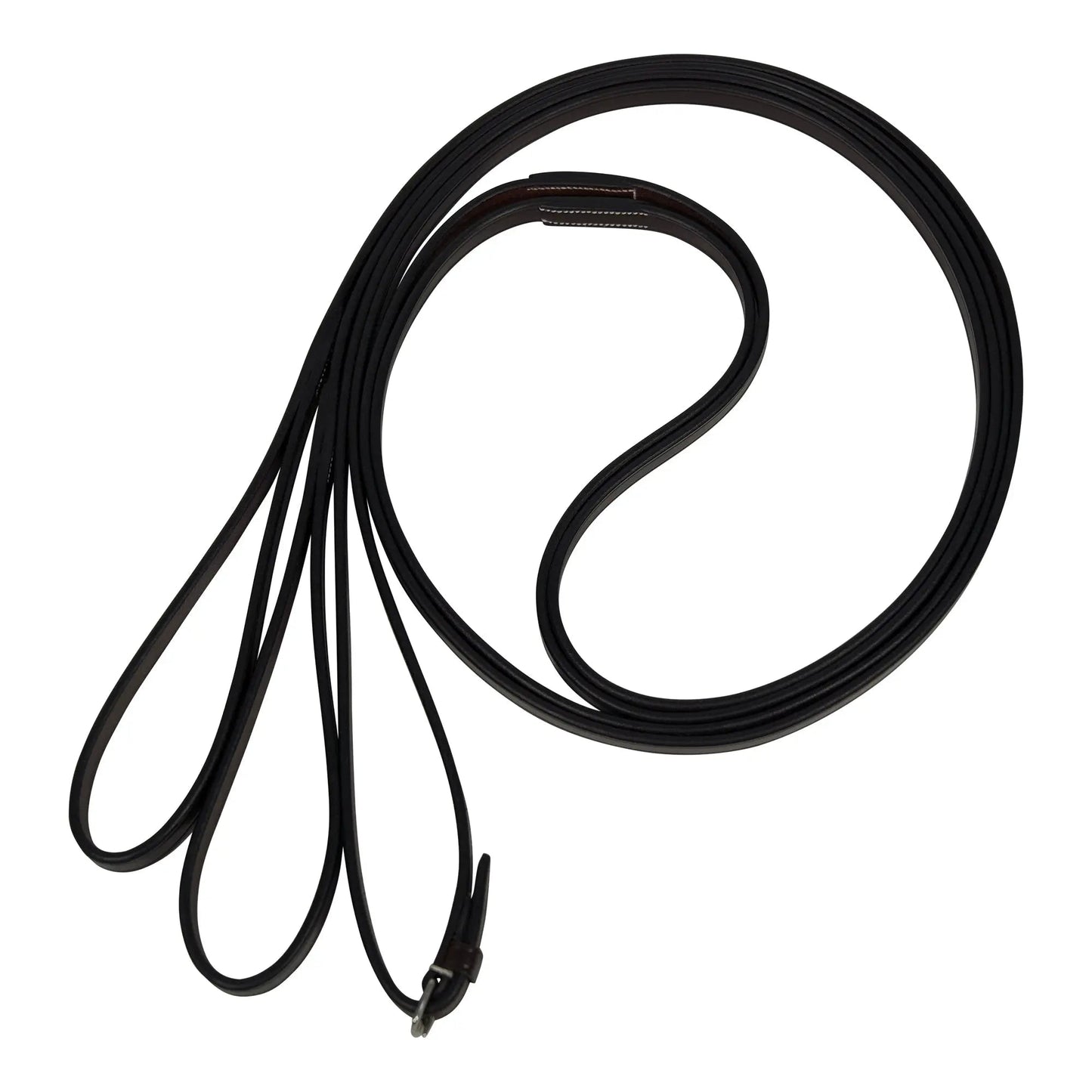 Black leather dog leash coiled on a white background