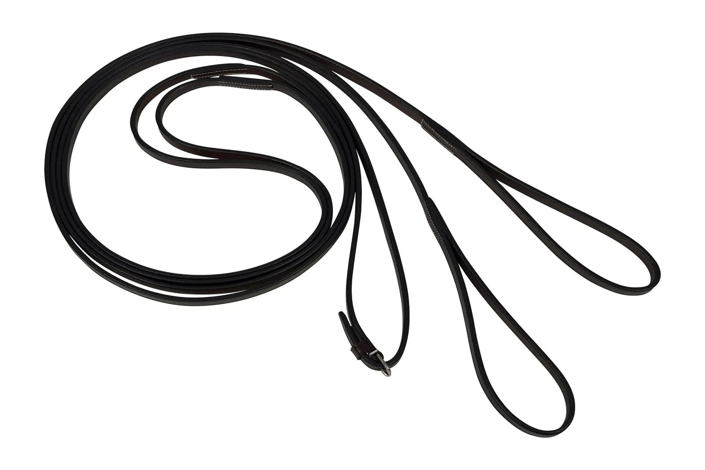Black dog leash coiled on a white background