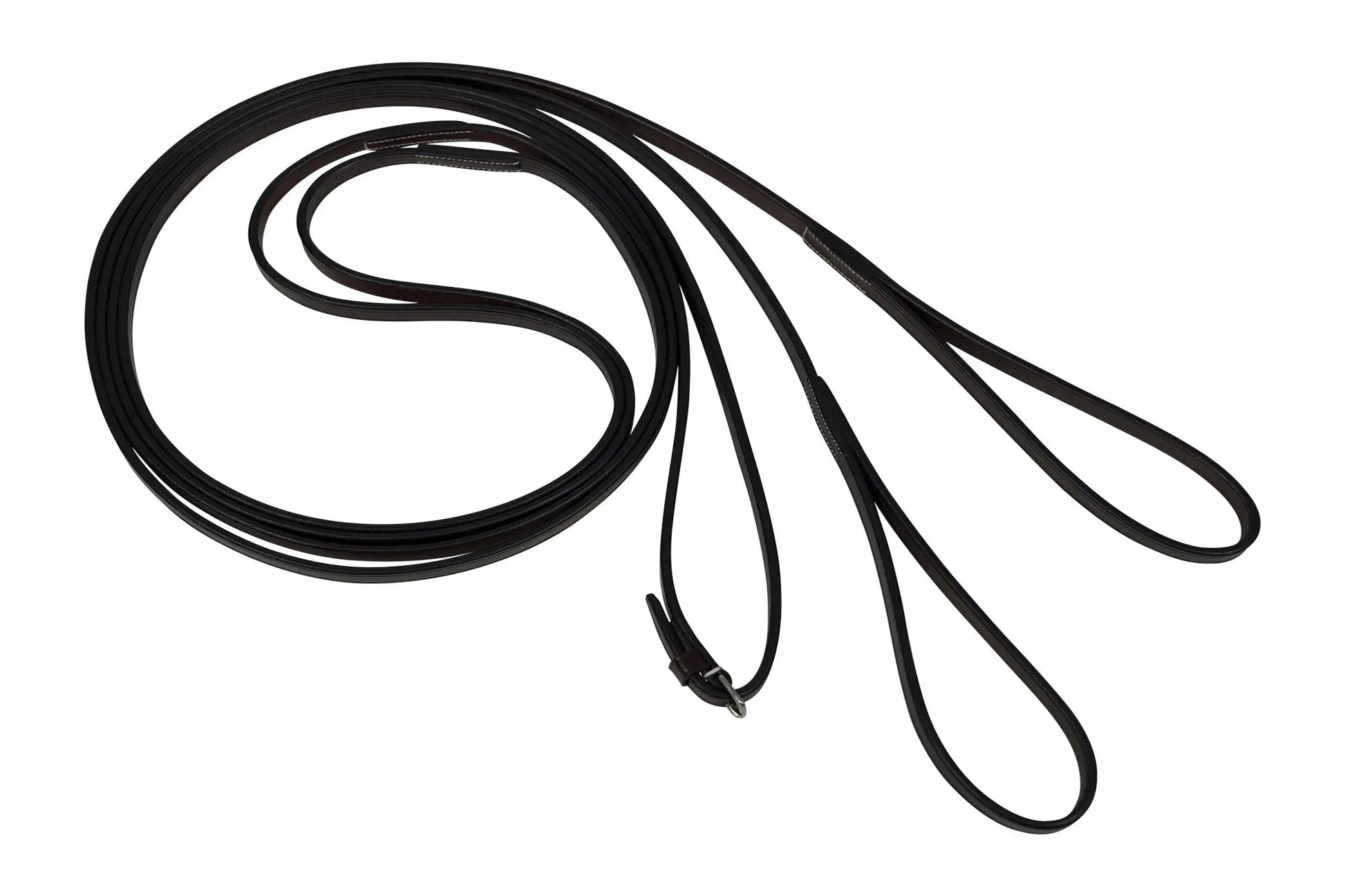 Black dog leash coiled on a white background