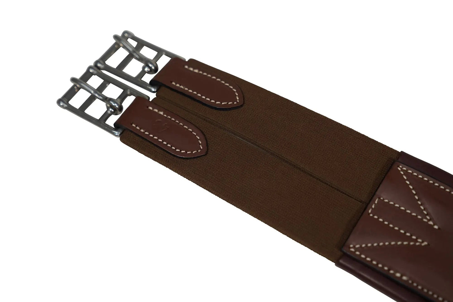 Brown leather girth strap with metal hardware on a white background