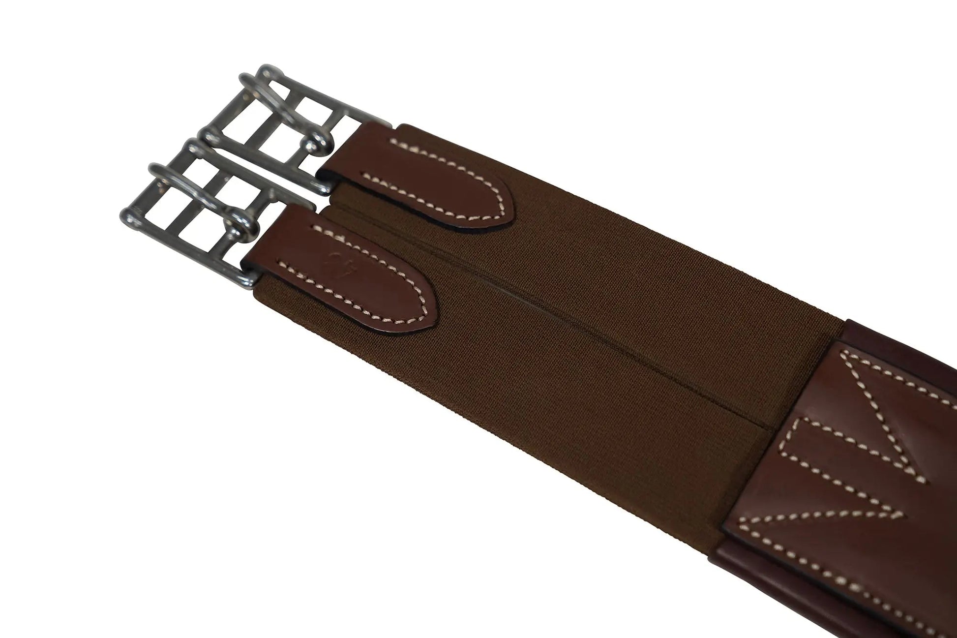 Brown leather girth strap with metal hardware on a white background