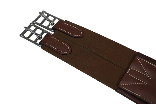 Brown leather girth strap with metal hardware on a white background