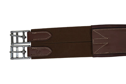 Brown leather girth strap with metal buckle on a white background