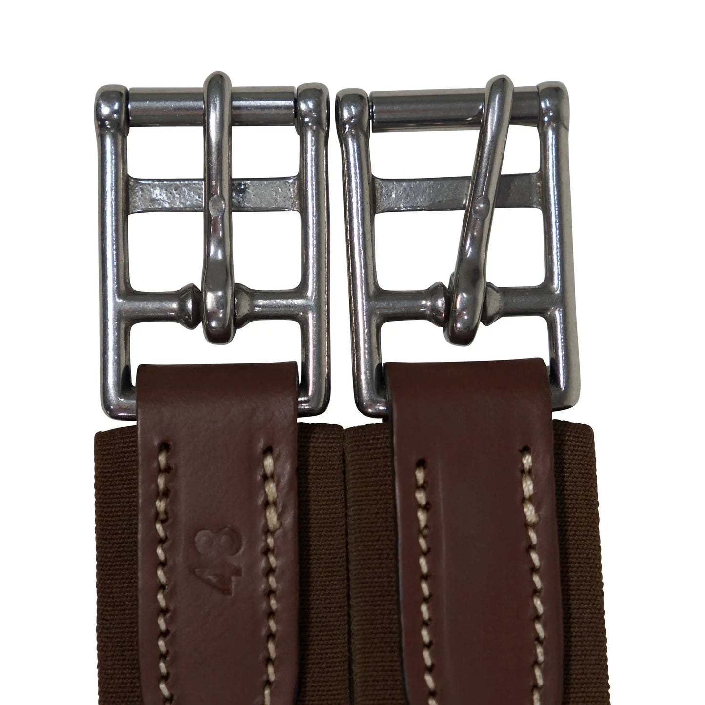 Close-up of a brown leather belt with metal buckles on a white background