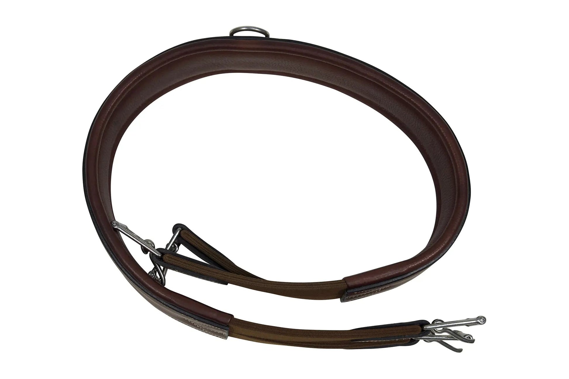 Brown leather rein with metal ends on a white background