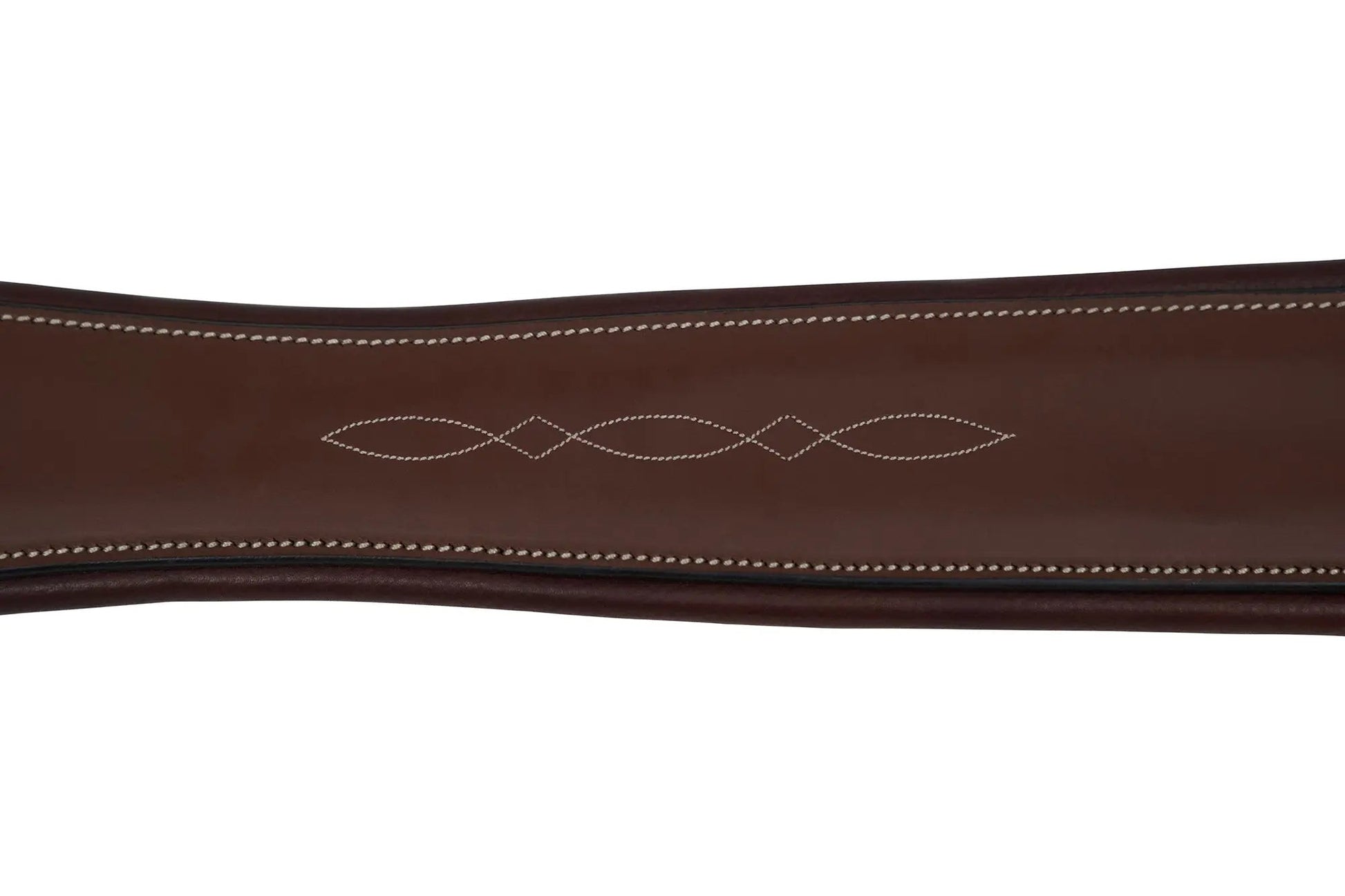 Brown leather strap with white stitching on a white background
