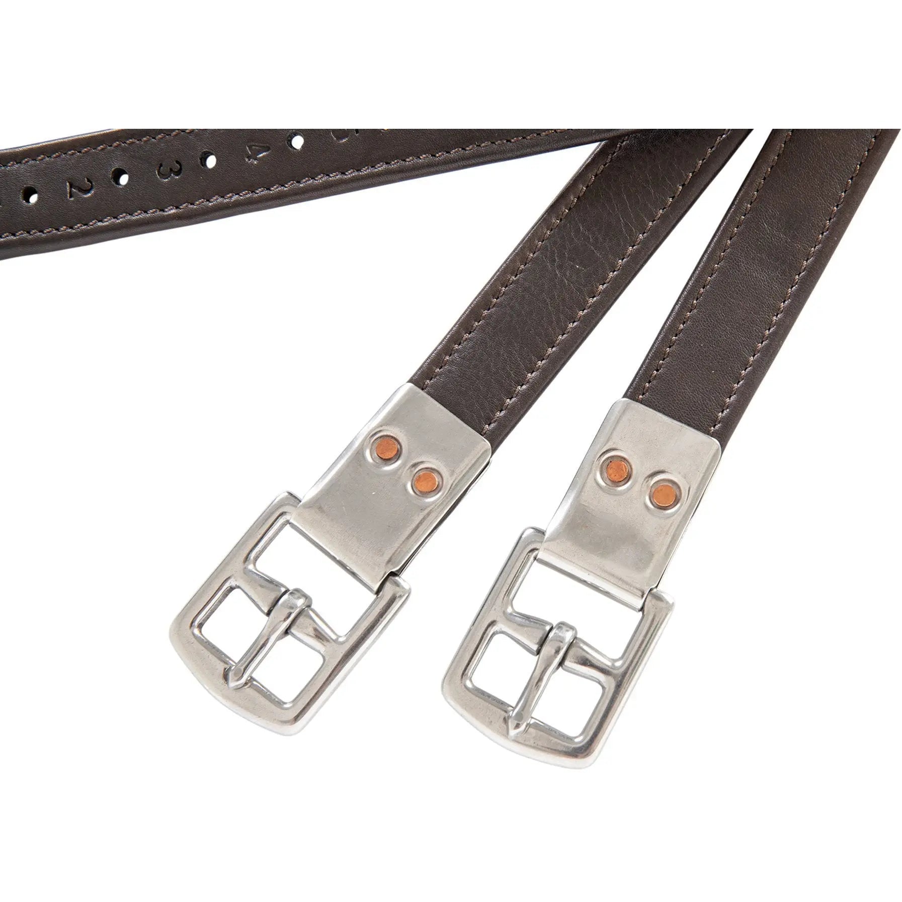 Brown leather belt with silver buckles on a white background