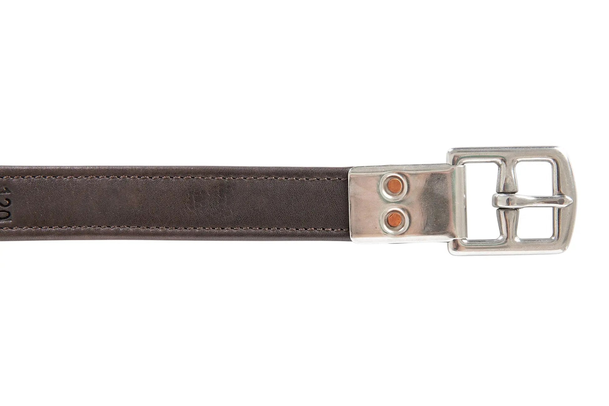 Brown leather belt with a silver buckle on a white background