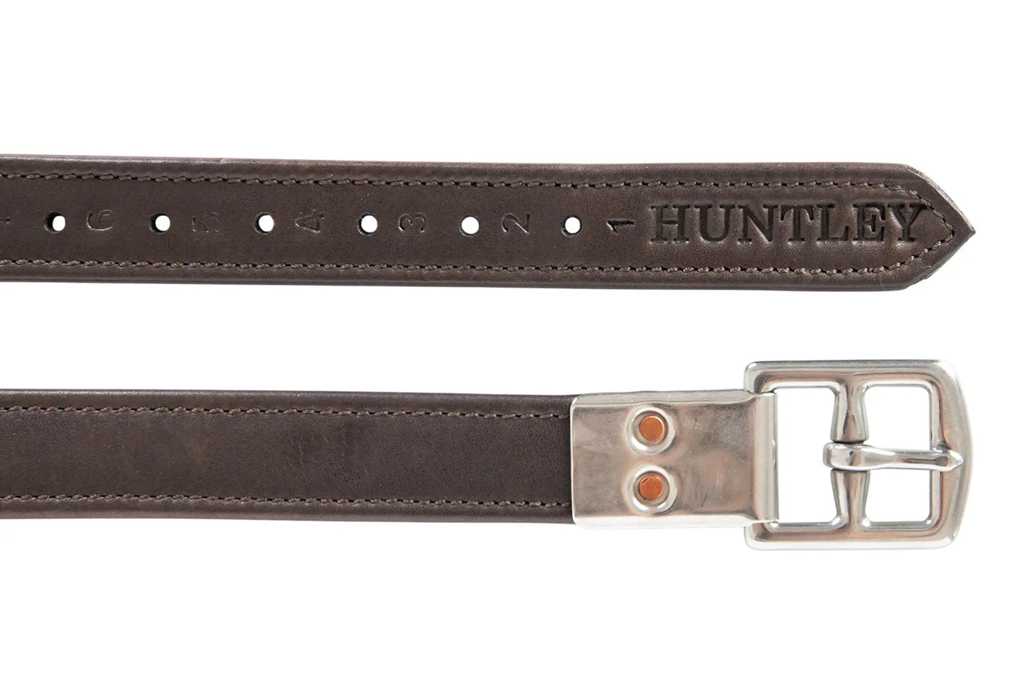 Brown leather belt with silver buckle on a white background, featuring the brand 'Huntley'.