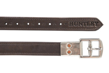 Brown leather belt with silver buckle on a white background, featuring the brand 'Huntley'.