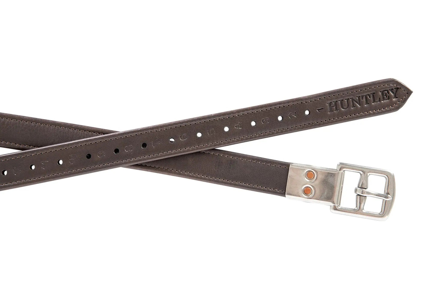 Brown leather belt with silver buckle on a white background