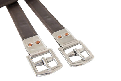 Two brown leather belts with silver buckles on a white background