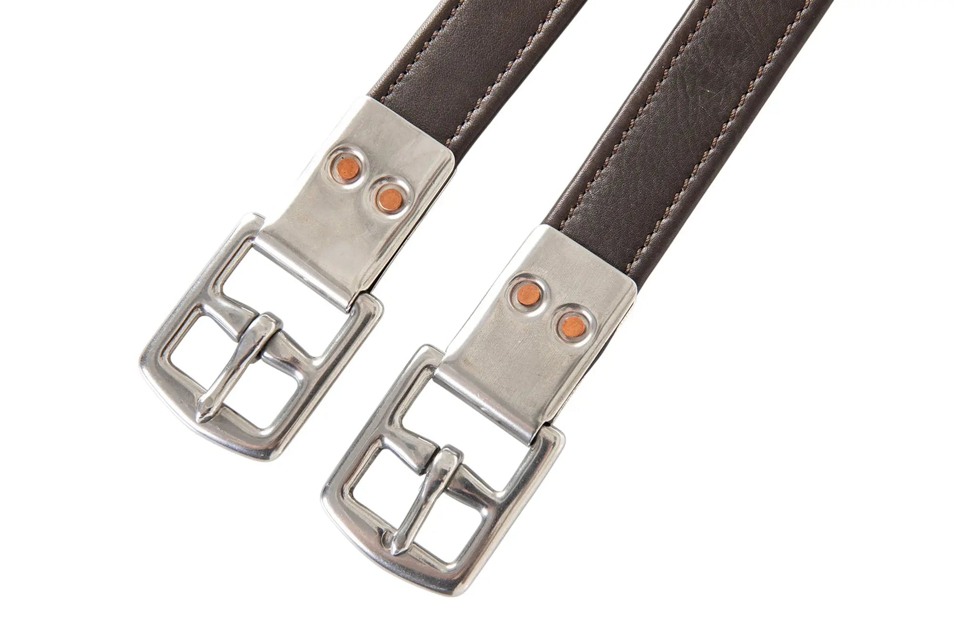 Brown leather belt with silver buckles on a white background