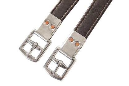 Brown leather belt with silver buckles on a white background