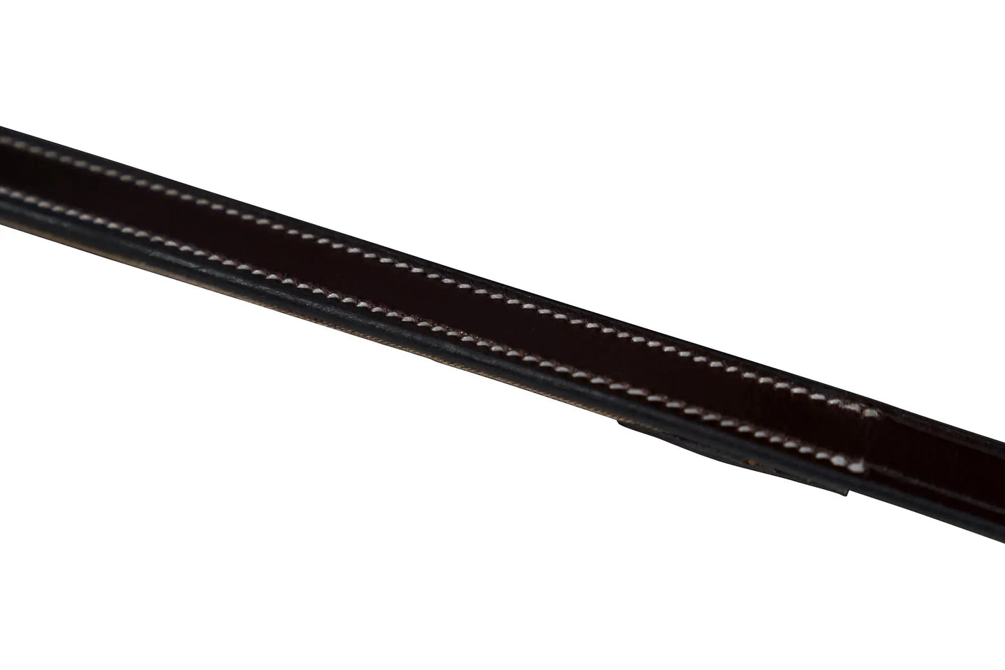 Close-up of a black belt with visible stitching on a white background
