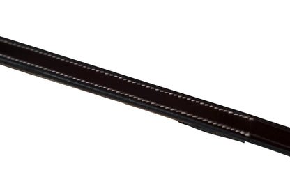 Close-up of a black belt with visible stitching on a white background