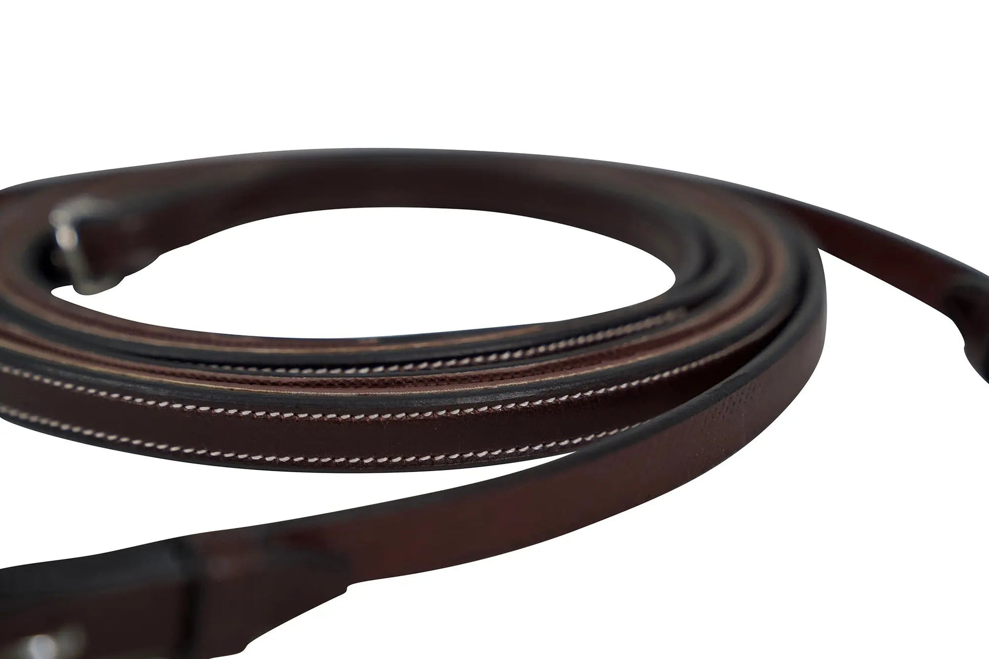 Brown leather rein with white stitching on a white background