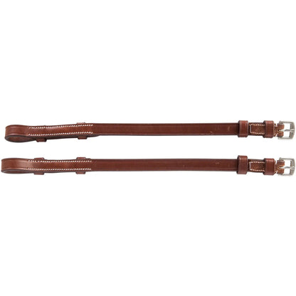 Pair of brown leather girth straps with metal buckles on a white background