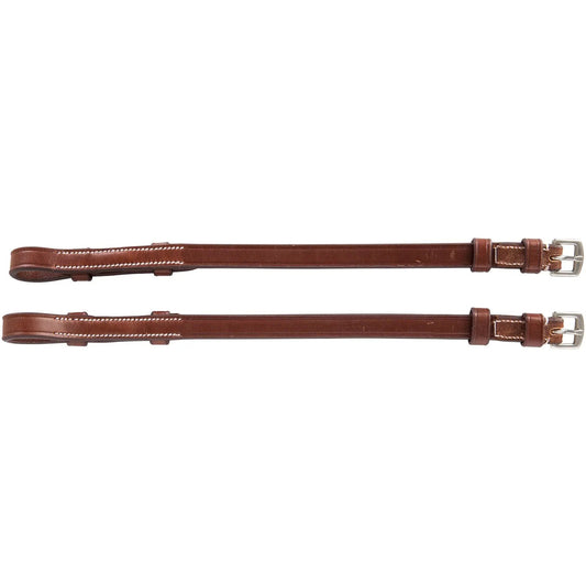 Pair of brown leather girth straps with metal buckles on a white background